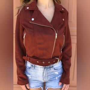 Forever 21 Moto Bikercore,Casual,Preppy,Punk Red Orange Rust Suede Jacket(#1,536